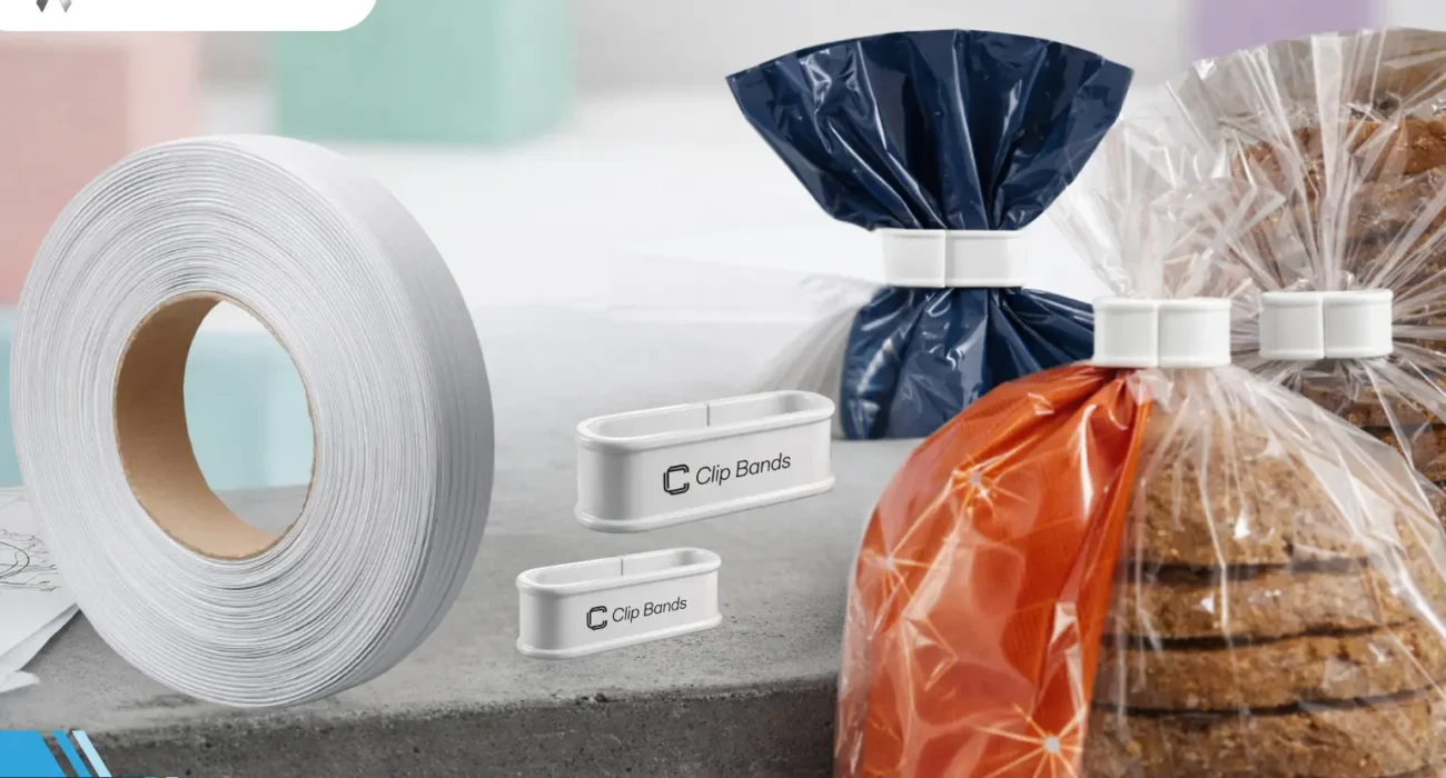 A close up of different types of bread bag closures including clipbands and twist ties