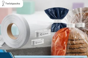 A close up of different types of bread bag closures including clipbands and twist ties